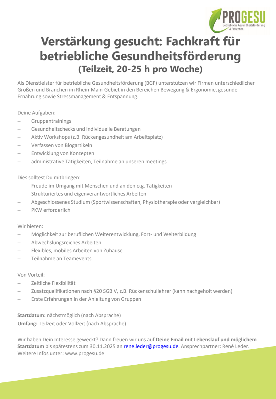 PROGESU Stellenausschreibung Bewegung und Ergonomie 28.10.25